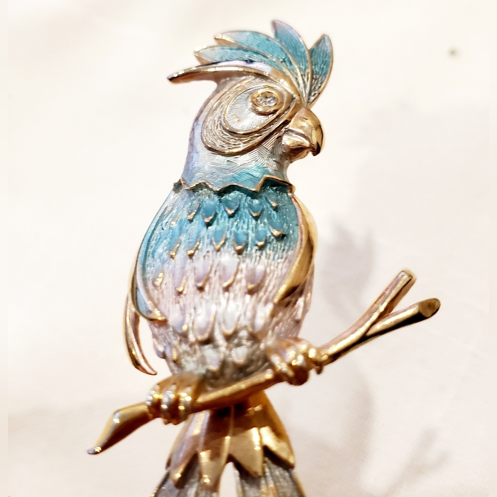 Perched Parrot Brooch In Pastel Blue & Gold Tone Brass Detailed Cute Whimsy